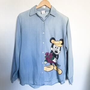 Vintage Mickey Small Button Down Denim Shirt Disney Jerry Leigh Flowers Blue